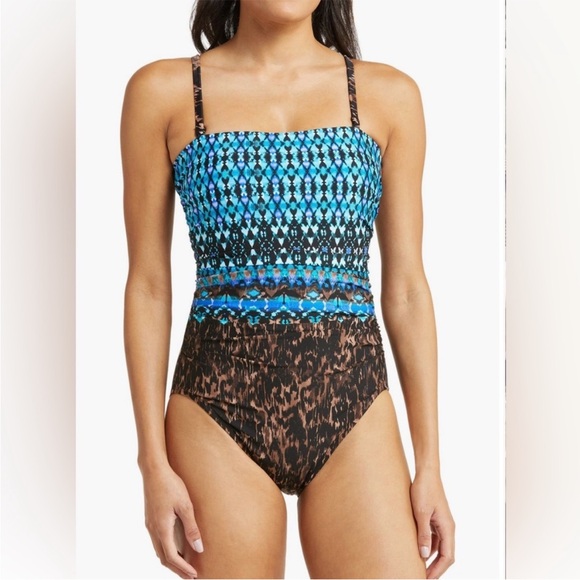 NWT Miraclesuit Blue & Brown Avanti Animal Print One Piece Swimsuit Size 14